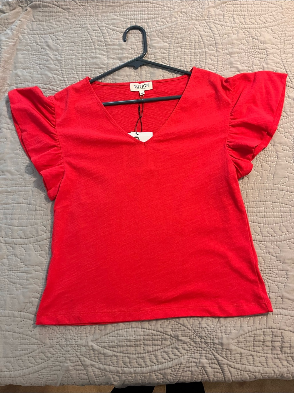 Nation LA Red V-Neck Flutter Sleeve Tee